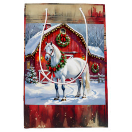 Bolsa De Regalo Mediana Un caballo blanco festivo y Navidades de un graner