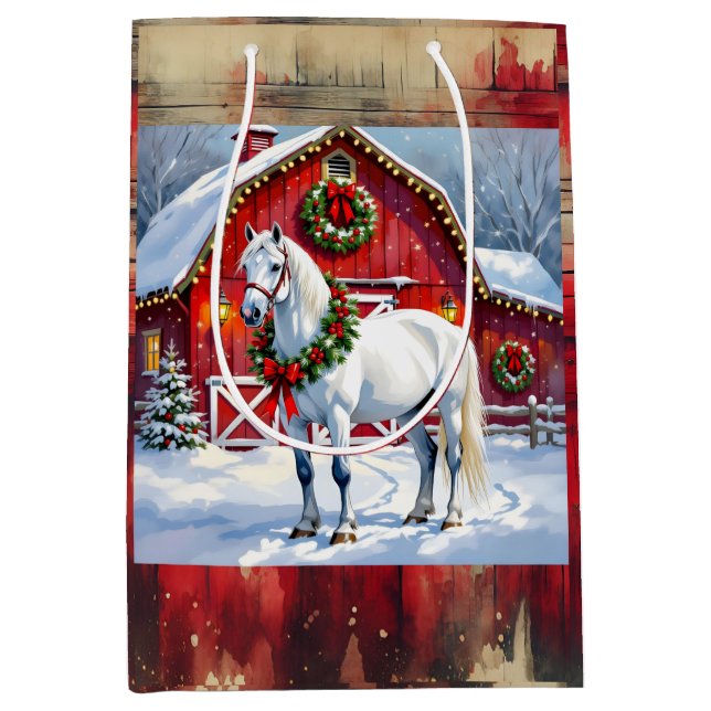 Bolsa De Regalo Mediana Un caballo blanco festivo y Navidades de un graner (Anverso)