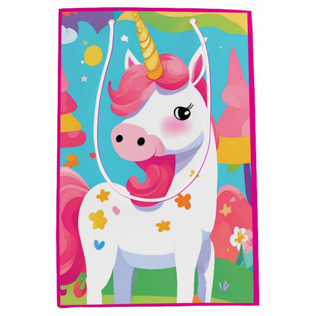 Bolsa De Regalo Mediana Unicornio arcoiris rosa (Anverso)