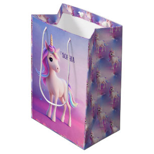 Bolsa De Regalo Mediana Unicornio blanco lindo con forma rosa y azul