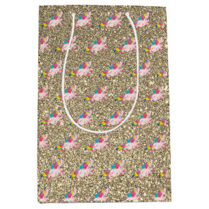 Bolsa De Regalo Mediana Unicornio Kawaii Arcoíris Oro Brillo Destello