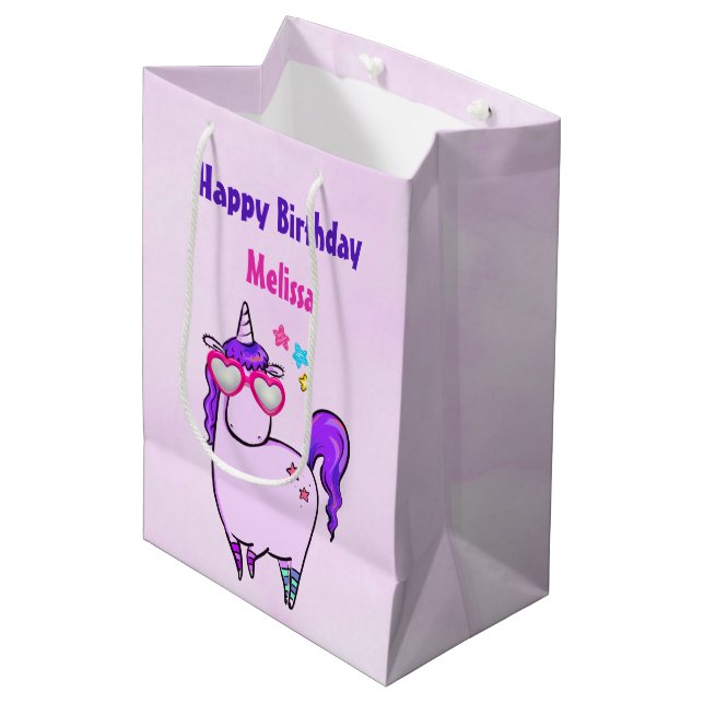 Bolsa De Regalo Mediana Unicornio lindo en gafas cardiacas (Angulo Anverso)