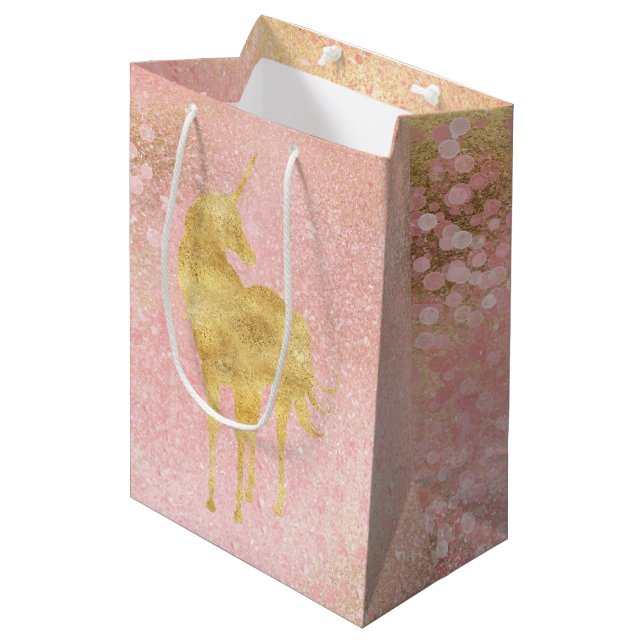 Bolsa De Regalo Mediana Unicornio mágico rosa Rubor dorado (Angulo Anverso)