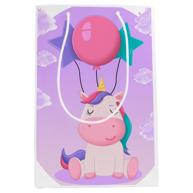 Bolsa De Regalo Mediana Unicornio Sentado y Globos Lila Bonito (Anverso)