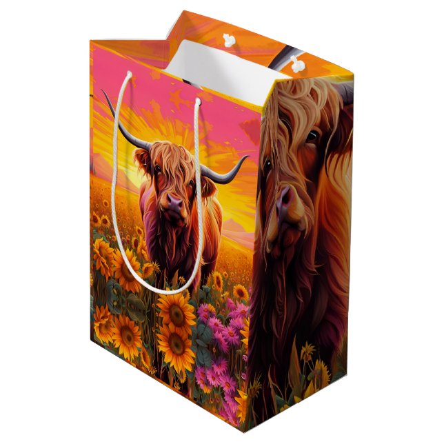 Bolsa De Regalo Mediana Vaca Highland en girasoles al amanecer (Angulo reverso)
