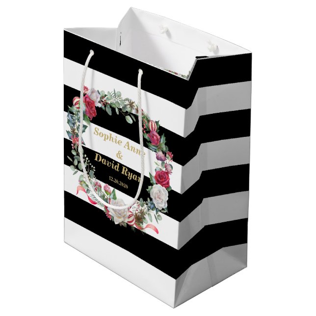 Bolsa De Regalo Mediana Vacaciones de invierno Floral Wreath Stripes Boda (Angulo reverso)