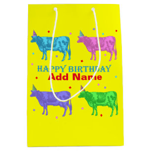 Bolsa De Regalo Mediana Vacas de arte pop feliz cumpleaños