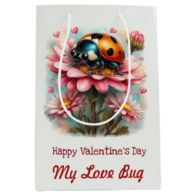 Bolsa De Regalo Mediana  Valentine Love Bug on Blossoms Rose (Anverso)