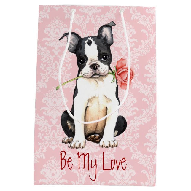 Bolsa De Regalo Mediana Valentine Rosa Boston Terrier (Reverso)