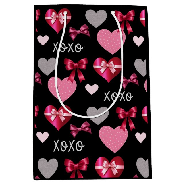 Bolsa De Regalo Mediana Valentine's Day Romantic Hearts and Ribbons (Anverso)