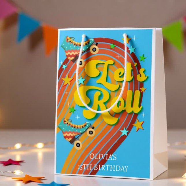 Bolsa De Regalo Mediana Vamos a rodar patinaje de patinaje retro arco iris (Subido por el creador)