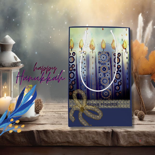 Bolsa De Regalo Mediana Velas elegantes Hanukkah (Elegant Candles Happy Hanukkah Medium Gift Bag)