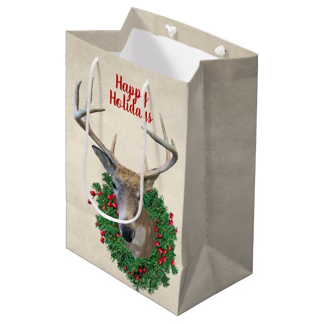 Bolsa De Regalo Mediana Venado En Navidades Wreath (Angulo Anverso)