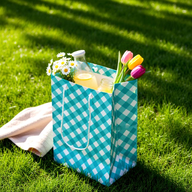 Bolsa De Regalo Mediana Verano azul tartar (Aqua Blue Summer Plaid – Modern Tartan Medium Gift Bag)