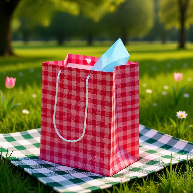 Bolsa De Regalo Mediana Verano de tártaro rosado (Pink Gingham Check – Cute Classic Plaid Medium Gift Bag
)