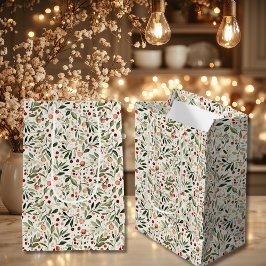 Bolsa De Regalo Mediana Verdes Navideños Festivos Bayas Rojas