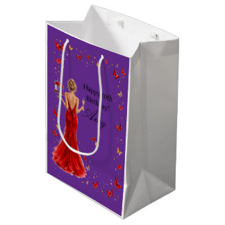 Bolsa De Regalo Mediana Vestido rojo elegante con mariposas cumpleaños 40