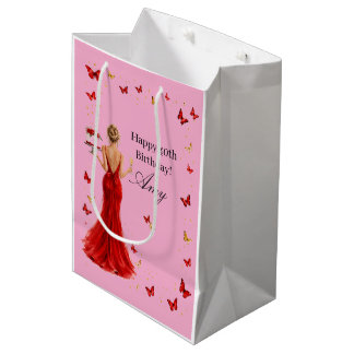 Bolsa De Regalo Mediana Vestido rojo elegante con mariposas cumpleaños 40