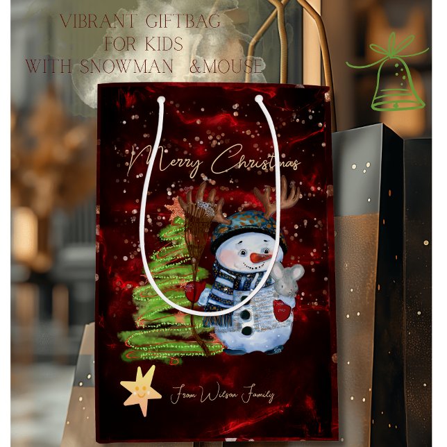 Bolsa De Regalo Mediana Vibrant Red Gold Snowman Mouse Christmas Gift Bag (Vibrant Red Gold Snowman Mouse Christmas Gift Bag)
