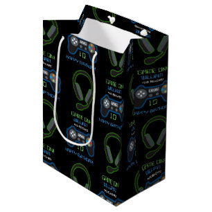 Bolsa De Regalo Mediana Videojuego Neon Blue & Green Birday Age Name