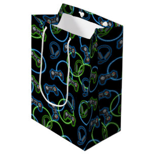 Bolsa De Regalo Mediana Videojuego Patrón Neon Blue & Green