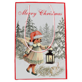 Bolsa De Regalo Mediana Vintage Christmas Angel y Rabbit