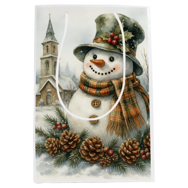 Bolsa De Regalo Mediana Vintage Christmas Snowman (Anverso)