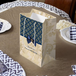 Bolsa De Regalo Mediana Vintage Navy Gold Damask Look Gracias con Nombre