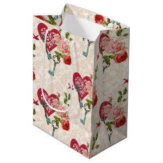 Bolsa De Regalo Mediana Vintage Red Roses & Key to My Heart Valentine's