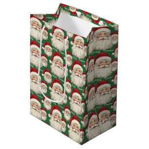 Bolsa De Regalo Mediana Vintage Retro Sonriente Santa Face Green