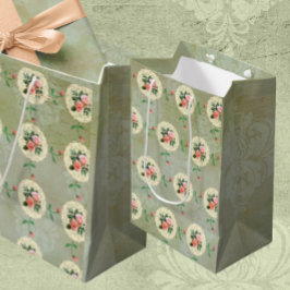 Bolsa De Regalo Mediana Vintage Rosa Rosa Rosa Verde Damasco de Faded