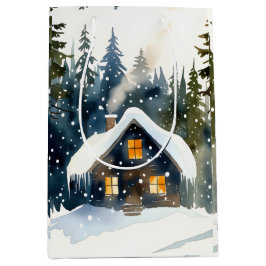 Bolsa De Regalo Mediana Vintage Winter Cabin Watercolor Christmas
