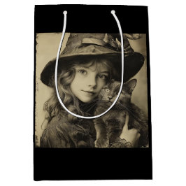 Bolsa De Regalo Mediana Vintage Witch Chica con gato negro