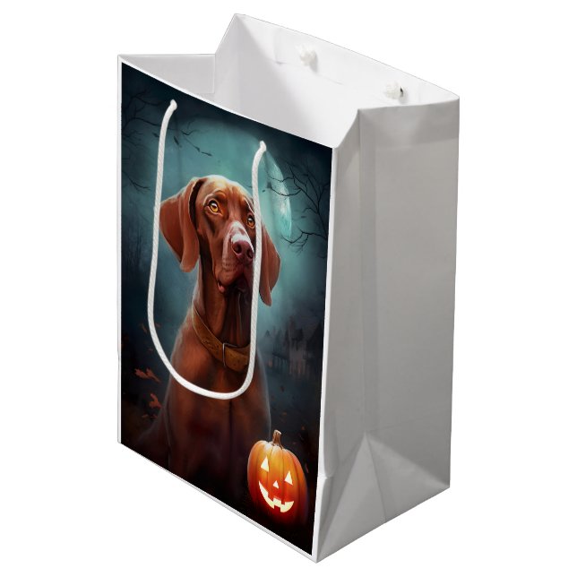 Bolsa De Regalo Mediana Vizsla de Halloween con calabazas aterradoras (Angulo Anverso)