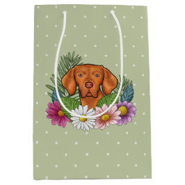 Bolsa De Regalo Mediana Vizsla Húngara Y Flores De Verano Coloridas Verde