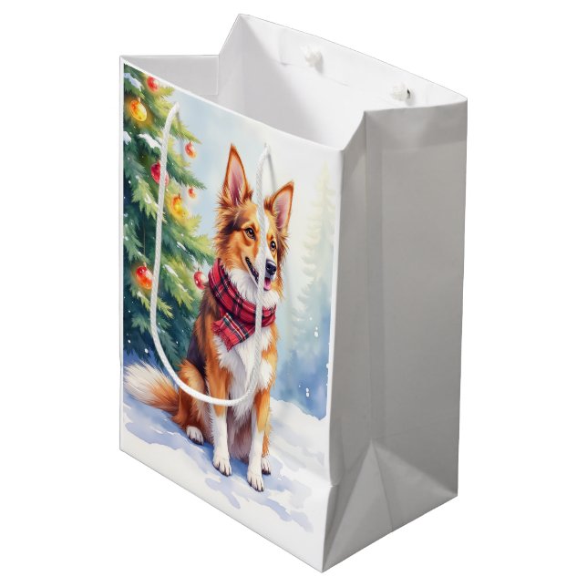 Bolsa De Regalo Mediana Watercolor Australian Shepherd Glowing Christmas (Angulo Anverso)