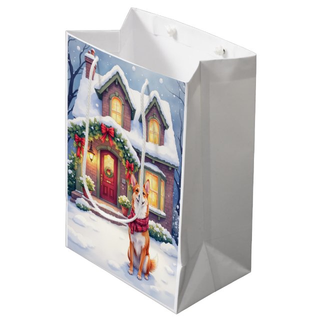 Bolsa De Regalo Mediana Watercolor Basenji Townhouse Christmas Holiday (Angulo Anverso)