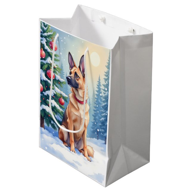 Bolsa De Regalo Mediana Watercolor Belgian Malinois Evergreen Christmas (Angulo Anverso)