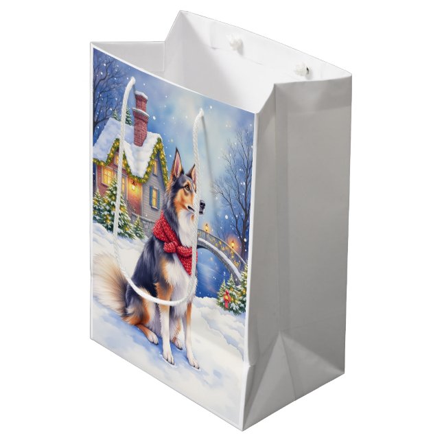Bolsa De Regalo Mediana Watercolor Belgian Sheepdog Winter Christmas (Angulo Anverso)
