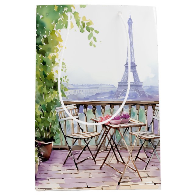 Bolsa De Regalo Mediana Watercolor Eiffel Tower Paris Café Francés (Anverso)