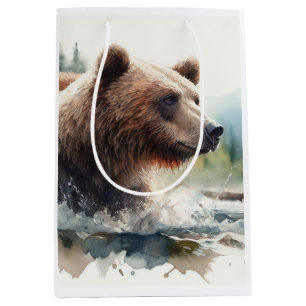 Bolsa De Regalo Mediana Watercolor Grizzly Bear Wildlife Nature Art