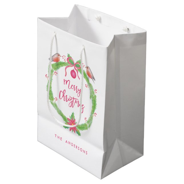 Bolsa De Regalo Mediana Watercolor Holly Wreath "Feliz Navidad" (Angulo Anverso)
