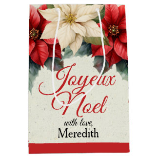 Bolsa De Regalo Mediana Watercolor Vintage Floral Red Poinsettia Christmas