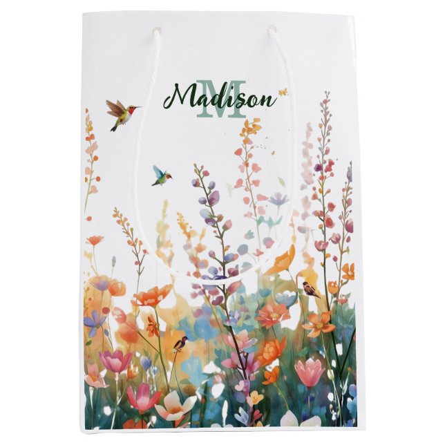 Bolsa De Regalo Mediana Watercolor Wildflowers Monogram Personalized Name (Anverso)