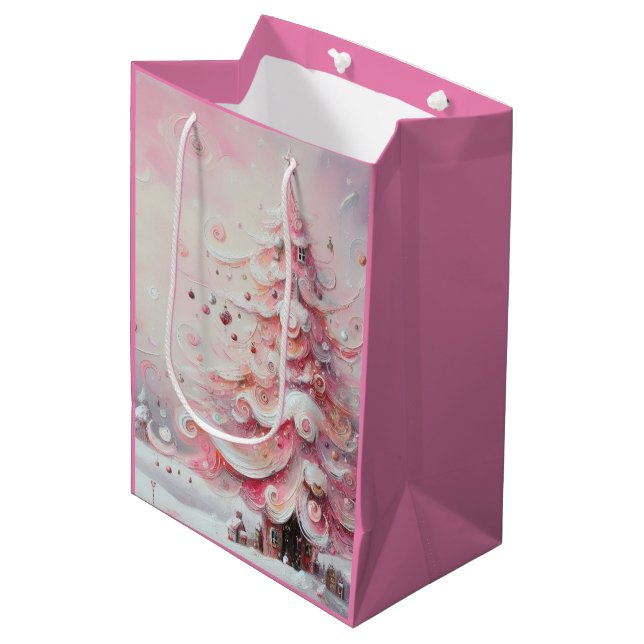 Bolsa De Regalo Mediana Whimsical Christmas Tree Pink White Swirls (Angulo Anverso)