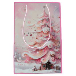 Bolsa De Regalo Mediana Whimsical Christmas Tree Pink White Swirls