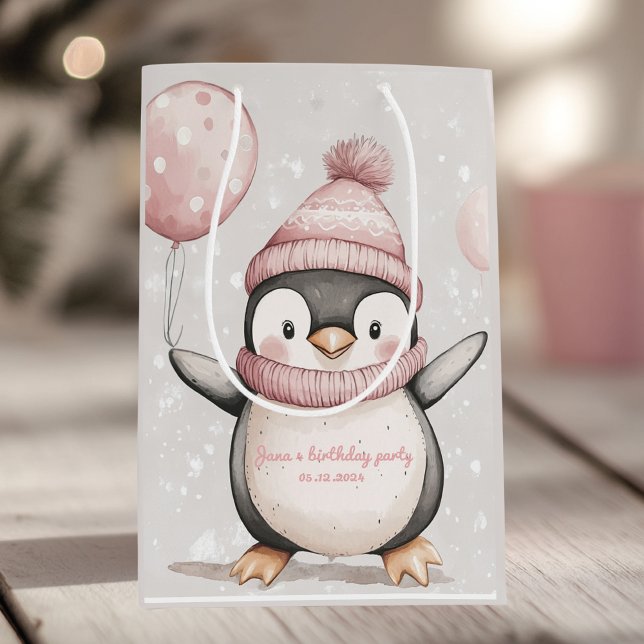 Bolsa De Regalo Mediana Whimsical Penguin Birthday | Rosa antiguo  (Subido por el creador)