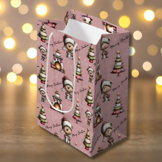 Bolsa De Regalo Mediana Whimsical Teddy Bear Christmas Pink Background