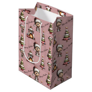 Bolsa De Regalo Mediana Whimsical Teddy Bear Christmas Pink Background