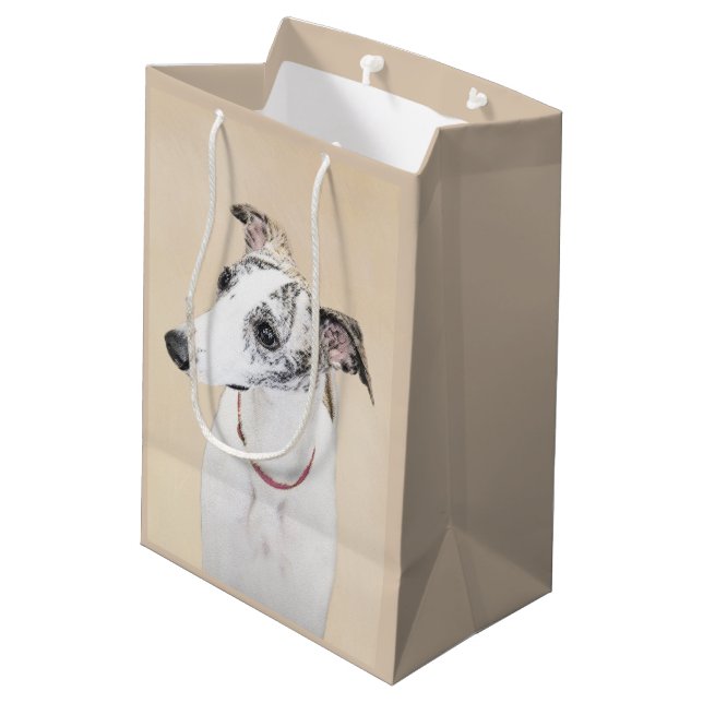 Bolsa De Regalo Mediana Whippet, inglés Whippet, broche, blanco, brindle, (Angulo reverso)